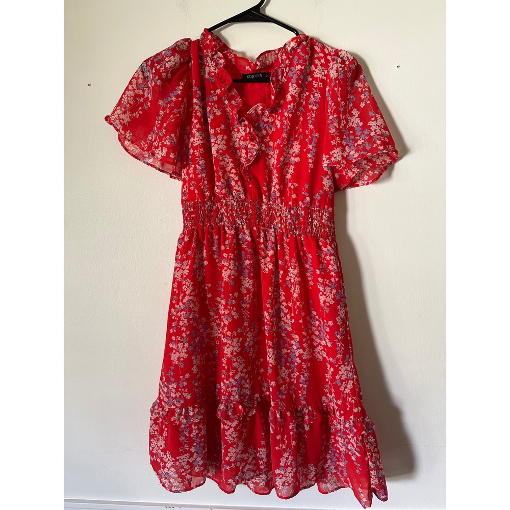 Kojooin Red Floral Chiffon Mini Dress Smocked Waist Ruffle Flutter Sleeve Small